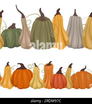 Ensemble vectoriel de bordures horizontales de citrouille. Collection de frises végétales sans soudure. Guirlande d'automne pour cadres, cartes postales, scrapbooking et votre design Illustration de Vecteur