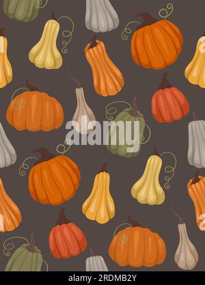 Motif rural vectoriel sans couture avec diverses citrouilles sur un fond gris foncé. Décor Graden. Texture agricole avec des légumes pour les tissus Illustration de Vecteur