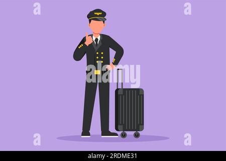 Pilote de dessin plat de personnage debout avec les pouces vers le haut geste et uniforme complet, prêt à monter ou voler avion pour amener les passagers à leur Banque D'Images