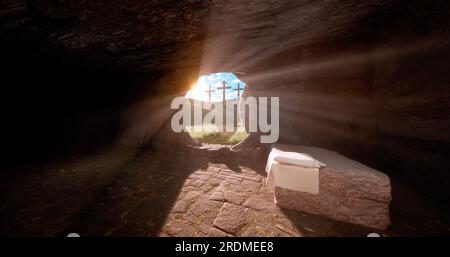 Jésus Christ résurrection la pierre est roulée loin de la tombe et la lumière entre. Trois croix sur la colline depuis l'intérieur du tombeau. Conce de Pâques Banque D'Images