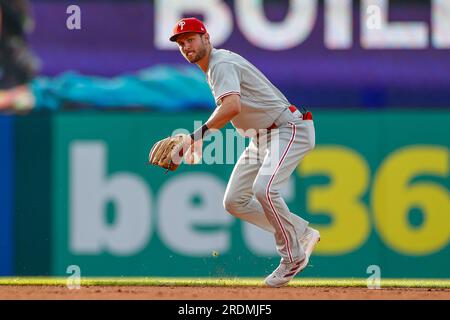 Arrêt court des Phillies de Philadelphie Trea Turner (7) joue le ballon lors d'un match de saison régulière de la MLB entre les Phillies de Philadelphie et la Garde de Cleveland Banque D'Images