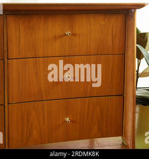 Commode moderne en bois du milieu du siècle. Meubles vintage gros plan détail des tiroirs avec une plante d'intérieur. Banque D'Images