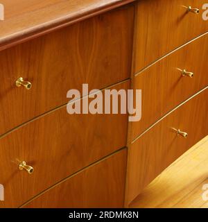 Commode moderne en bois du milieu du siècle. Meubles vintage gros plan détail des tiroirs avec une plante d'intérieur. Banque D'Images