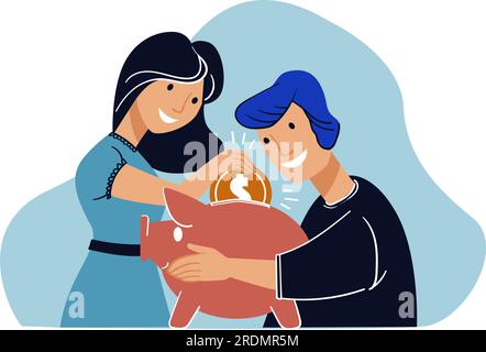 Les personnages masculins et féminins économisent de l'argent pour l'avenir. Homme et femme, jeune couple ou famille mettant des pièces de monnaie dans la banque de piggy. Budget et comptabilité, bénéfice an Illustration de Vecteur