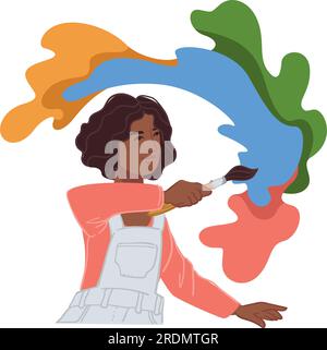 Personnage féminin utilisant des peintures à l'aquarelle pour le dessin, artiste isolé et éclaboussures de couleurs. Art et culture, vision moderne et contemporaine. Créativ Illustration de Vecteur