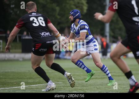 Priory Lane, Royaume-Uni. 22 juillet 2023. *** Lors du match de coupe 1895 entre les London Broncos et les Halifax Panthers au Rosslyn Park FC, Priory Lane, Royaume-Uni, le 22 juillet 2023. Photo de Simon Hall. Usage éditorial uniquement, licence requise pour un usage commercial. Aucune utilisation dans les Paris, les jeux ou les publications d'un seul club/ligue/joueur. Crédit : UK Sports pics Ltd/Alamy Live News Banque D'Images