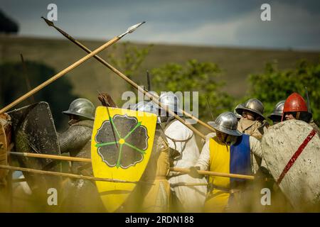 Chrastava, République tchèque. 22 juillet 2023. Acquisition de Curie Vitkov à Chrastava, région de Liberec, République tchèque, 22 juillet 2023. 200 guerriers ont pris part au 25e festival jubilé du début de la guerre médiévale. Les visiteurs pouvaient rencontrer des guerriers de différentes parties de l'Europe - Vikings, Francs, Grands Moraves, chevaliers romains et croisés. Le projet Curia Vitkov est une tentative de construire une réplique de la résidence d'un noble rural du 12e siècle - une Curie. Crédit : Radek Petrasek/CTK photo/Alamy Live News Banque D'Images