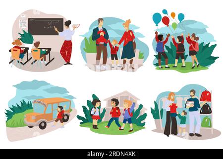 Les parents préparent les enfants à l'école, les enfants étudient assis en classe écoutant les enseignants. Garçons et filles avec des ballons, attendant le bus. Enfance Illustration de Vecteur