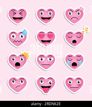 Stickers d'expression de coeur mignon. Ensemble d'autocollants vectoriels de coeur mignons représentant divers sentiments pour des éléments de conception ou émoticônes et emojis. Illustration de Vecteur