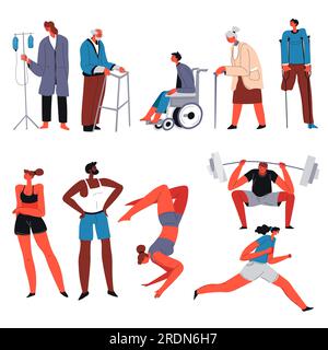Les personnes handicapées en fauteuil roulant ayant besoin de soins et de traitements par rapport aux sportifs sains et sains qui pratiquent et travaillent. Handicap vs fort cha Illustration de Vecteur