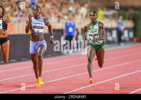 Stade Louis II, Monaco, Principauté de Monaco, 21 juillet 2023, 200M FEMMES : Shericka JACKSON (Jamaïque) gagnante - Dina ASHER-SMITH (Grande-Bretagne &amp ; N Banque D'Images