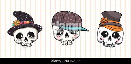 Ensemble de crânes de dessin animé mignon. Fête d'Halloween. Illustration vectorielle. Illustration de Vecteur