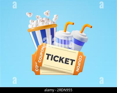 billets de coupon de film de couple 3d, boissons en verre de papier, pop-corn, isolé sur fond. Concept pour théâtre, divertissement, émission de télévision, film, date. illustration vectorielle 3d. Illustration vectorielle Illustration de Vecteur