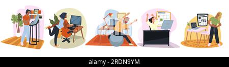 Personnages masculins et féminins étirant le corps tout en travaillant à domicile. Les gens assis près des ordinateurs qui font des tâches. Dame sur l'exercice de ballon de fitness et keepi Illustration de Vecteur