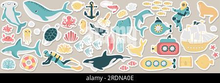 Vector Ocean stickers MEGA set avec baleine, tortue, sous-marin, requin, crabe, poulpe, plongeur, pingouin, calmar, dauphin, morse, navire.animaux sous-marins.Illustration Illustration de Vecteur