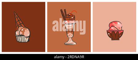 Dessin à la main vecteur abstrait bande dessinée glace creram cône, sundae ligne art jeu d'illustrations .crème glacée dessert vecteur illustration concept. Sué Illustration de Vecteur