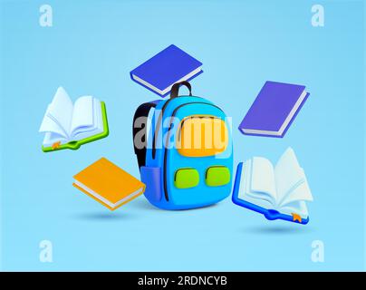 sac à dos ou sac d'école 3d avec des livres ouverts autour, signets, isolé sur fond. Concept pour la rentrée scolaire, icône de papeterie, classe, nouveau semestre. illustration vectorielle 3d. Illustration vectorielle Illustration de Vecteur