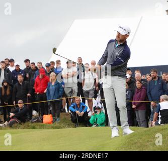 Hoylake, Royaume-Uni. 22 juillet 2023. L’américain Brian Harman marque le premier green le troisième jour du 151e Open Championship au Royal Liverpool Golf Club à Hoylake, en Angleterre, le samedi 22 juillet 2023. Photo Hugo Philpott/UPI crédit : UPI/Alamy Live News Banque D'Images