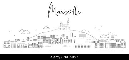 Illustration vectorielle d'art ligne Skyline Marseille Illustration de Vecteur