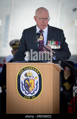 Sydney, Australie. 22 juillet 2023. Le gouverneur général de l'Australie, David Hurley, prononce une allocution lors de la cérémonie de mise en service de l'USS Canberra, le 22 juillet 2023 à Sydney, en Australie. Crédit : MC1 Mark Faram/US Navy photo/Alamy Live News Banque D'Images