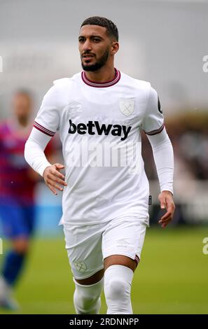 West Ham United a déclaré Benrahma lors du match amical de pré-saison au Chigwell Construction Stadium, Dagenham. Date de la photo : Samedi 22 juillet 2023. Banque D'Images