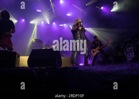 Berlin, Allemagne. 22 juillet 2023. Le 22 juillet 2023, le Christopher Street Day (CSD) de Berlin, également connu sous le nom de Berlin Pride, a culminé avec une performance mémorable du groupe de rock allemand Tokio Hotel à la porte historique de Brandebourg. L’événement annuel, qui défend les droits LGBTQ et préserve les espaces queer, a vu des milliers de participants marcher dans les rues de la ville dans un vibrant signe de solidarité. Crédit : SIPA USA/Alamy Live News Banque D'Images