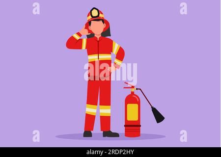 Dessin de style plat de dessin de dessin de dessins pompiers debout avec extincteur portant casque et uniforme avec le geste appelez-moi. Travailler pour éteindre le feu dans Banque D'Images