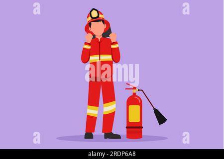 Caractère plat dessin pompiers debout avec extincteur portant casque et uniforme avec geste de célébration. Travailler pour éteindre un incendie en b Banque D'Images