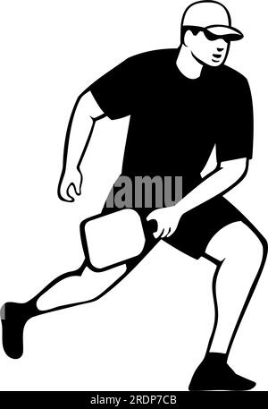 Illustration de style rétro d'un joueur de pickleball avec raquette ou paddle faisant un coup de dos sur fond isolé fait en noir et blanc. Banque D'Images