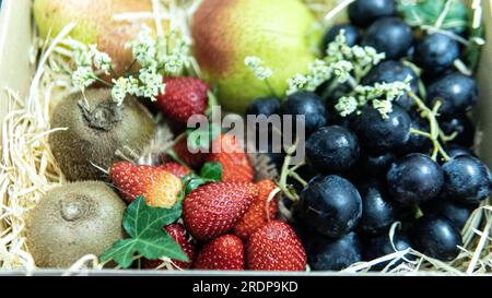 Foyer sélectif de composition de divers fruits exotiques isolés. Les fruits sont tels que le raisin kiwi de poire et la paille. Fruits délicieux et mûrs Banque D'Images