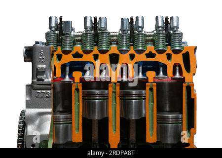 Image d'une vue en coupe d'un moteur à combustion interne montrant des pistons et des cylindres. Isolé sur blanc avec masque Banque D'Images