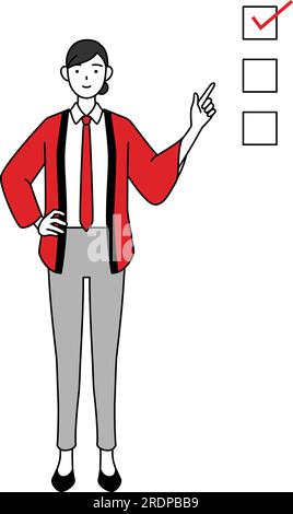 Femme portant un manteau happi rouge pointant vers une liste de contrôle, Illustration vectorielle Illustration de Vecteur