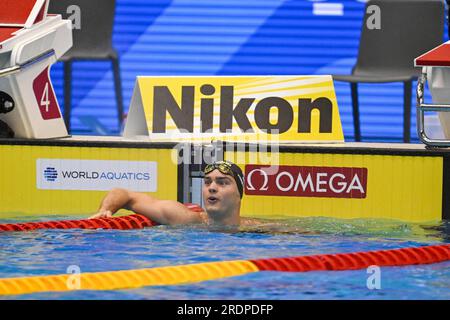 Fukuoka, Japon. 23 juillet 2023. FUKUOKA, JAPON - JUILLET 23 : Nyls Korstanje des pays-Bas après avoir concouru au 50m papillon le jour 10 des Championnats du monde de natation de Fukuoka 2023 à la Marine Messe Fukuoka Hall A le 23 juillet 2023 à Fukuoka, Japon (photo de Nikola Krstic/BSR Agency) crédit : BSR Agency/Alamy Live News Banque D'Images