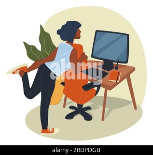 Personnage féminin travaillant de la maison, dame fatiguée étirant par ordinateur. Travailleur exécutant la tâche de projet d'entreprise. Bureau à domicile et épuisement, fitn Illustration de Vecteur