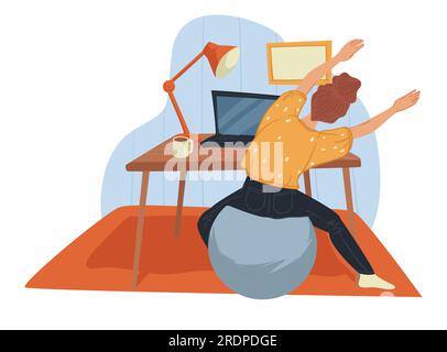 Personnage féminin regardant la chaîne de fitness sur ordinateur portable ou étirement pendant le temps de travail. Femme fatiguée par ordinateur dans le bureau à domicile. Maintien de la forme et de la réducine Illustration de Vecteur