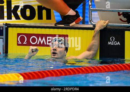 Fukuoka, Japon. 23 juillet 2023. FUKUOKA, JAPON - JUILLET 23 : Arno Kamminga des pays-Bas après avoir concouru au 100m Breaststroke masculin le jour 10 des Championnats du monde aquatiques de Fukuoka 2023 à la Marine Messe Fukuoka Hall A le 23 juillet 2023 à Fukuoka, Japon (photo Nikola Krstic/BSR Agency) crédit : BSR Agency/Alamy Live News Banque D'Images