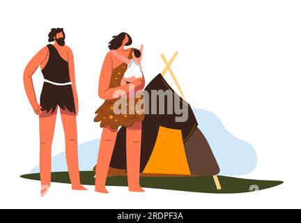 Famille avec enfant par maison, culture préhistorique et vie dans le passé. Évolution et civilisation, femme tenant bébé, chasseur d'homme portant des vêtements de peau. Bar Illustration de Vecteur