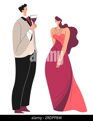 Personnage masculin et féminin sur la date ou la partie luxueuse communiquant. Homme buvant du vin et parlant à une femme dans une élégante robe longue et des bijoux. Les apparels Illustration de Vecteur