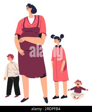 S'attendre à une mère avec des enfants, une mère malheureuse avec des enfants. Femme enceinte dépressive, femme fatiguée ou déçue. Pauvre personne sombre avec des garçons Illustration de Vecteur