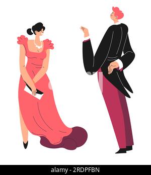 Maître d'hôtel ou serveur servant une femme riche, isolé et sophistiqué personnage féminin riche avec robe longue, porte-monnaie et bijoux. Serviteur ou assistant en boîte Illustration de Vecteur