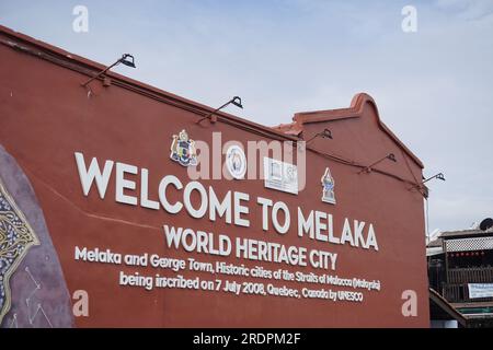 Signalisation de bienvenue à la ville du patrimoine mondial de Melaka, Malaisie Banque D'Images