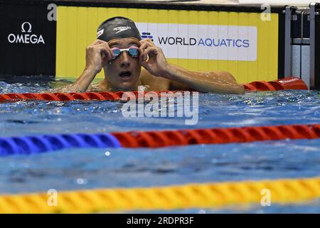 Fukuoka, Japon. 23 juillet 2023. Le Belge Lucas Henveaux photographié au 400m nage libre masculin aux Championnats du monde de natation à Fukuoka, au Japon, le dimanche 23 juillet 2023. BELGA PHOTO NIKOLA KRSTIC crédit : Belga News Agency/Alamy Live News Banque D'Images