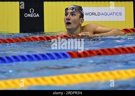 Fukuoka, Japon. 23 juillet 2023. Le Belge Lucas Henveaux photographié au 400m nage libre masculin aux Championnats du monde de natation à Fukuoka, au Japon, le dimanche 23 juillet 2023. BELGA PHOTO NIKOLA KRSTIC crédit : Belga News Agency/Alamy Live News Banque D'Images