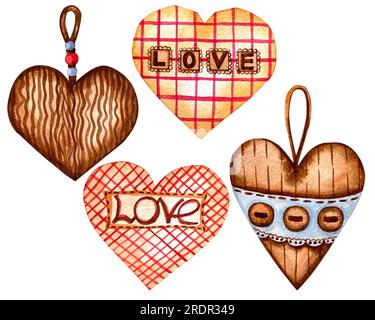 Coeurs aquarelle, Saint Valentin rouge, violet, violet coeurs ensemble. Carte de bonne Saint Valentin. Ensemble d'illustrations coeurs en bois et tissu. Banque D'Images