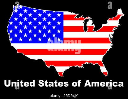 Une carte de silhouette de contour des États-Unis d'Amérique avec le drapeau Stars and Stripes incrustés sur un fond noir Banque D'Images
