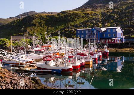 Port de Kamøyvær un village de pêcheurs de la municipalité de Nordkapp dans le comté de Troms og Finnmark en Norvège se trouve le long de la Kamøyfjorden sur le côté est de Mage Banque D'Images