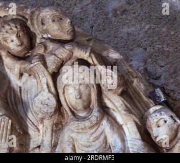 Maestro de Cabestany. Tímpano de la iglesia de Cabestany, que representa la resurrección de María y la incrédulidad de Santo Tomás, siglo XII AUTEUR : MAESTRO DE CABESTANY (S. XII). Banque D'Images