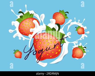 Lait fruité ou yaourt à la fraise douce, smoothie pour le petit déjeuner plein de vitamines et de calcium. Liquide bio crémeux, vinaigrette pour desserts ou collations à Illustration de Vecteur