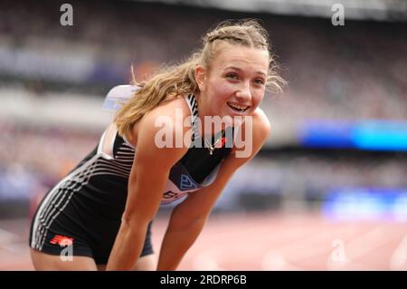 Femke bol des pays-Bas après avoir remporté le 400m haies féminin lors de la rencontre d'athlétisme de Londres au London Stadium. Date de la photo : dimanche 23 juillet 2023. Banque D'Images