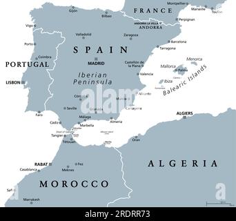 Méditerranée occidentale, carte politique grise. Péninsule ibérique bordée par la mer Atlantique et la mer Méditerranée, séparée de l'Afrique par le détroit de Gibraltar. Banque D'Images